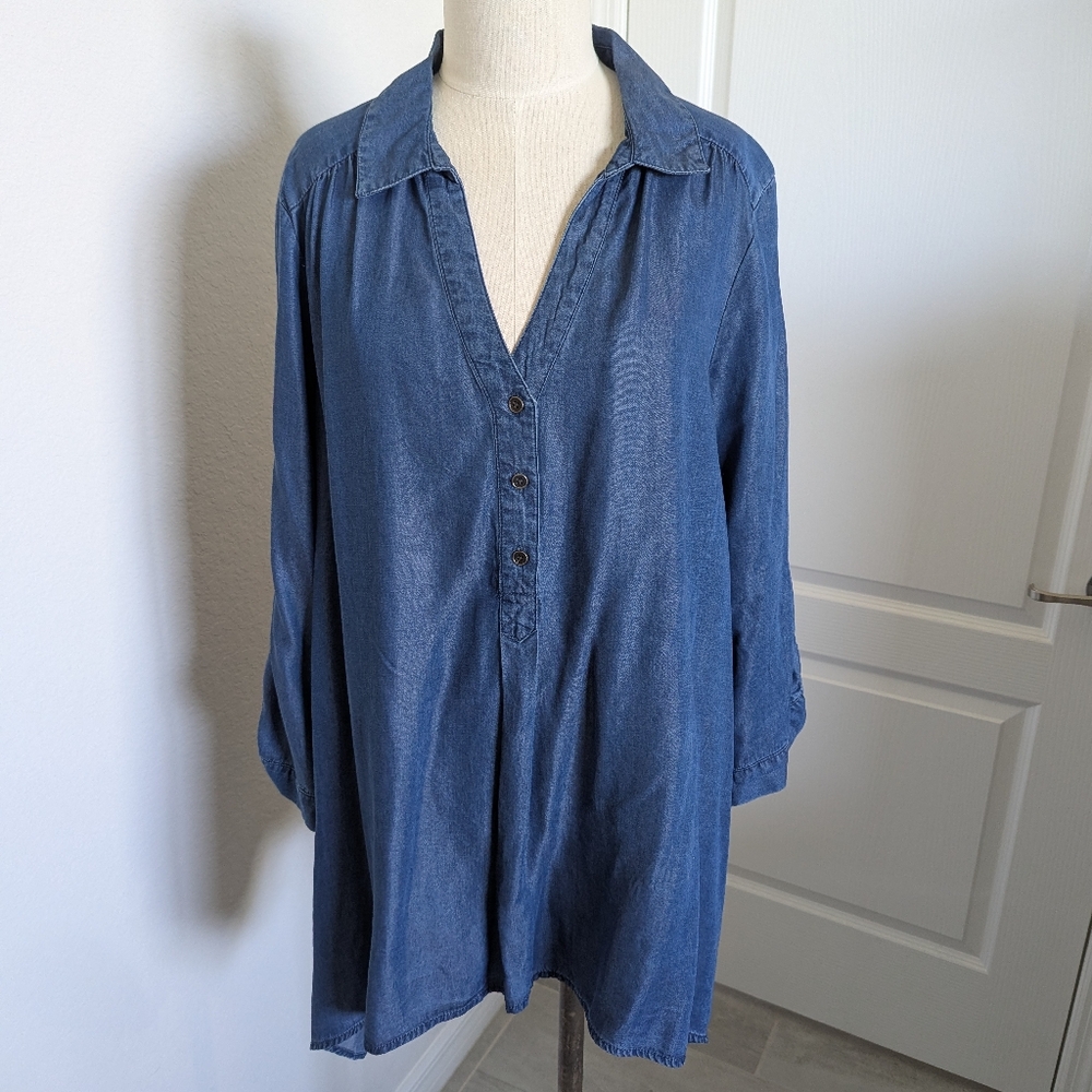 Casual Blue Tencel Button Down Henley for Women
